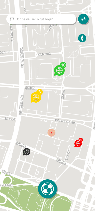 Tela do mapa do app, com pins de cor nas quadras