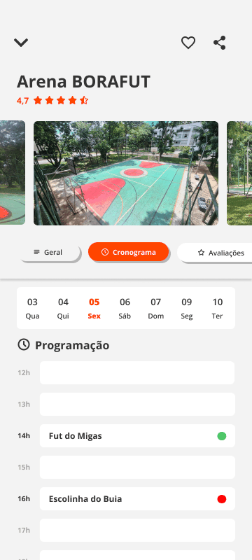 Tela da quadra com cronograma dos futs